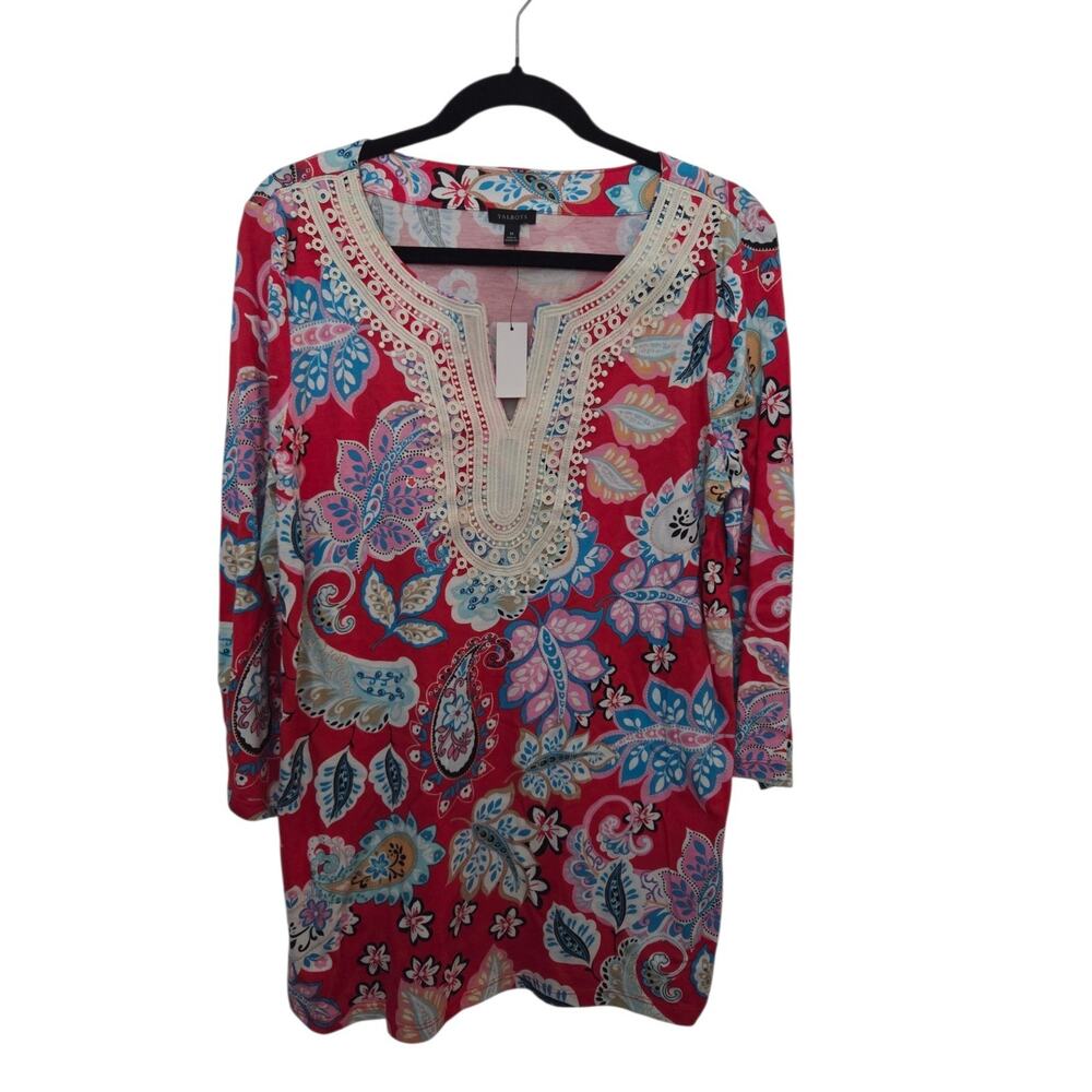 NWT Talbots Shirt Womens Size M Red Paisley Embroidered Boho Tunic Top